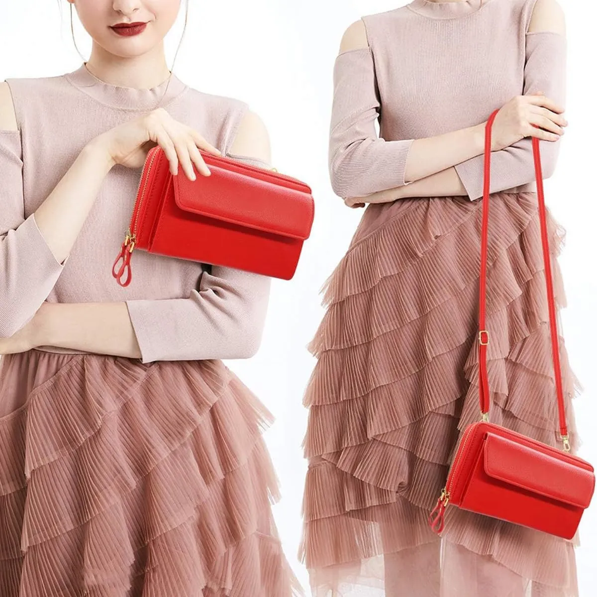 Women Leather Wallet Crossbody Shoulder Bag with Double Zipper and Mobile Phone Purse with Shoulder Strap