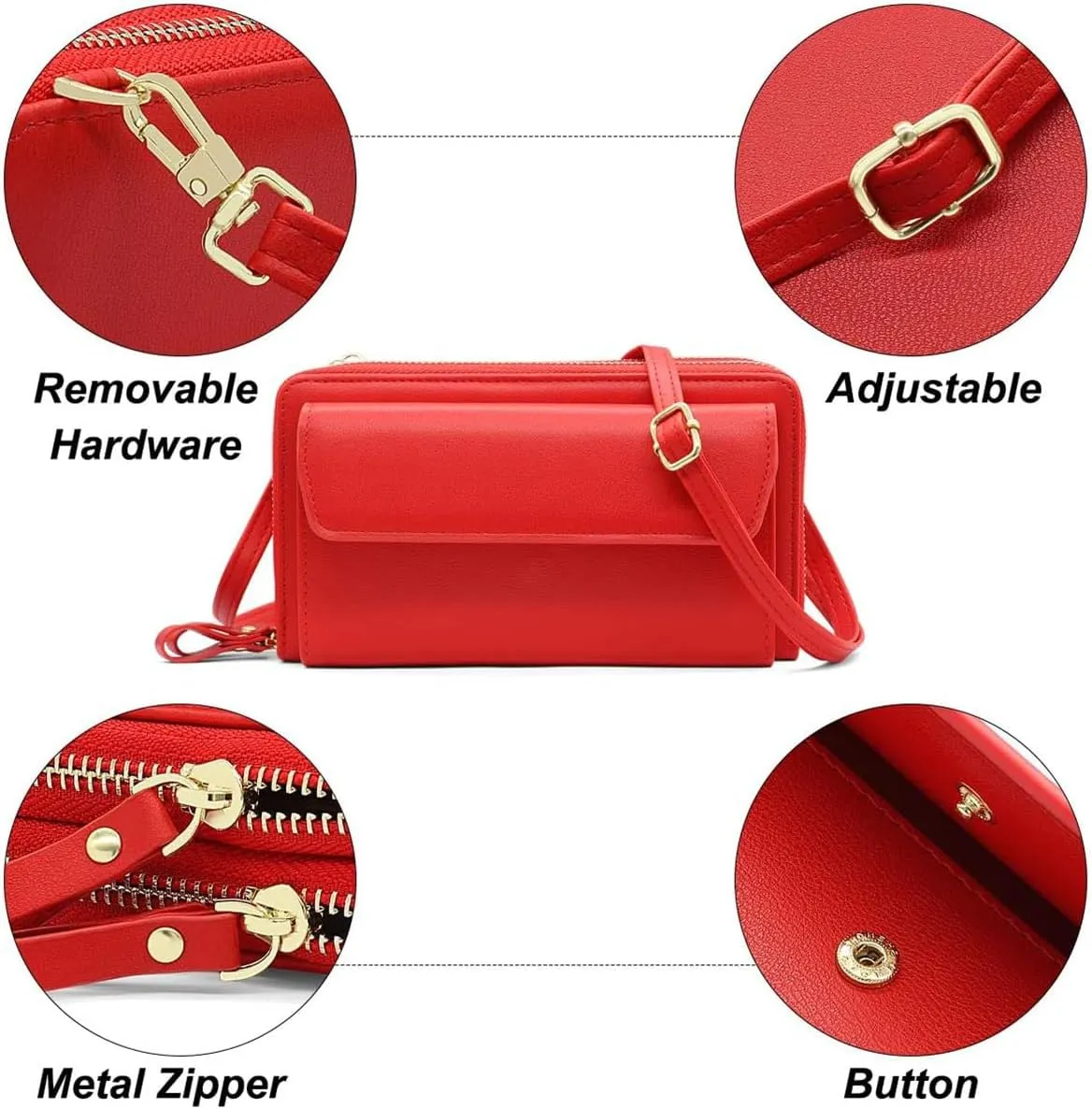 Women Leather Wallet Crossbody Shoulder Bag with Double Zipper and Mobile Phone Purse with Shoulder Strap