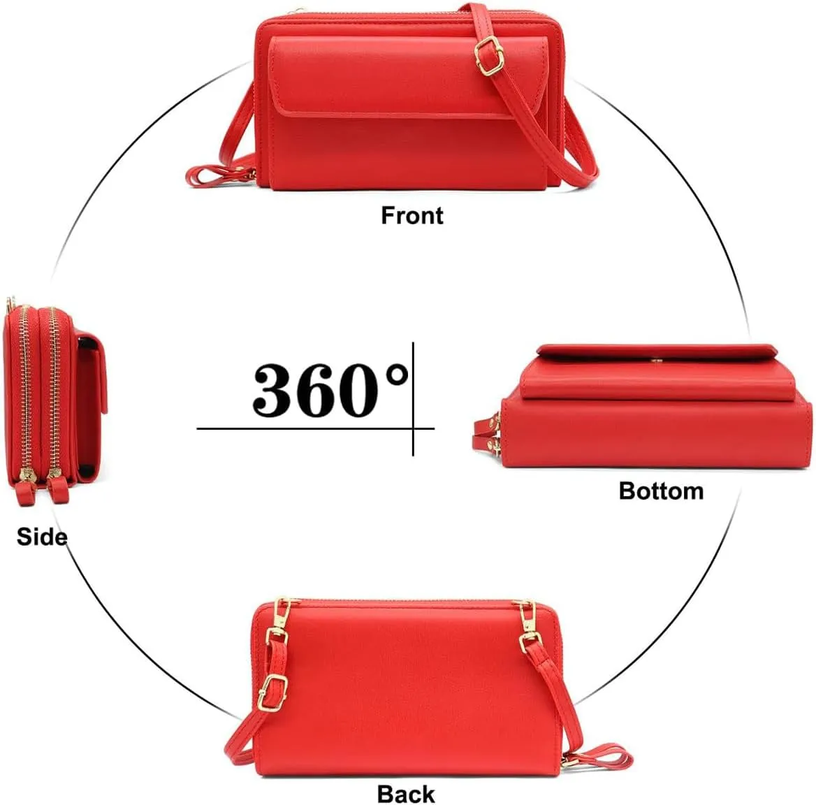 Women Leather Wallet Crossbody Shoulder Bag with Double Zipper and Mobile Phone Purse with Shoulder Strap