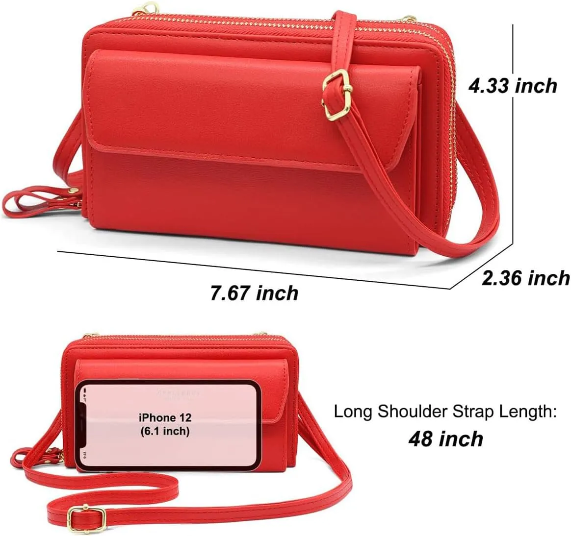 Women Leather Wallet Crossbody Shoulder Bag with Double Zipper and Mobile Phone Purse with Shoulder Strap