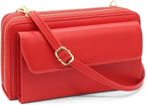 Women Leather Wallet Crossbody Shoulder Bag with Double Zipper and Mobile Phone Purse with Shoulder Strap