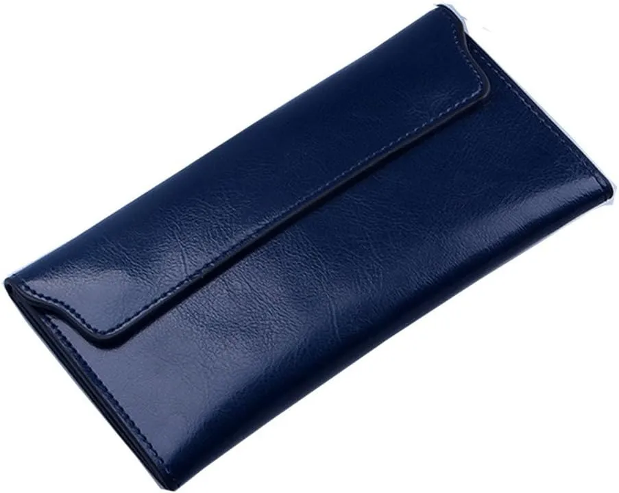 Women Long Wallet Genuine Cowhide Leather Cards Holder Clutch Purse Phone Bag (Royal Blue)