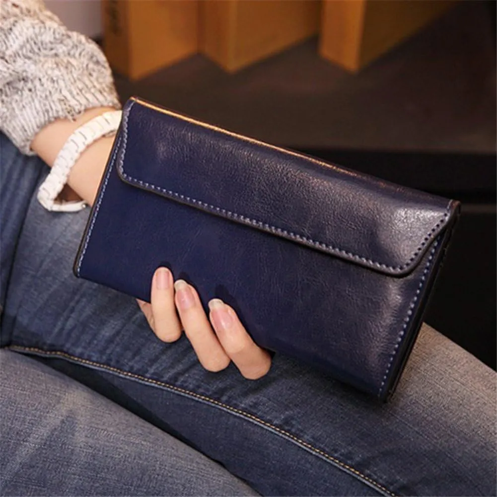 Women Long Wallet Genuine Cowhide Leather Cards Holder Clutch Purse Phone Bag (Royal Blue)