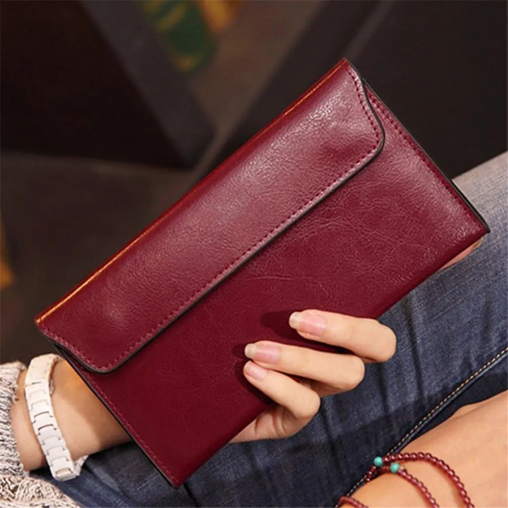Women Long Wallet Genuine Cowhide Leather Cards Holder Clutch Purse Phone Bag (Wine Red)