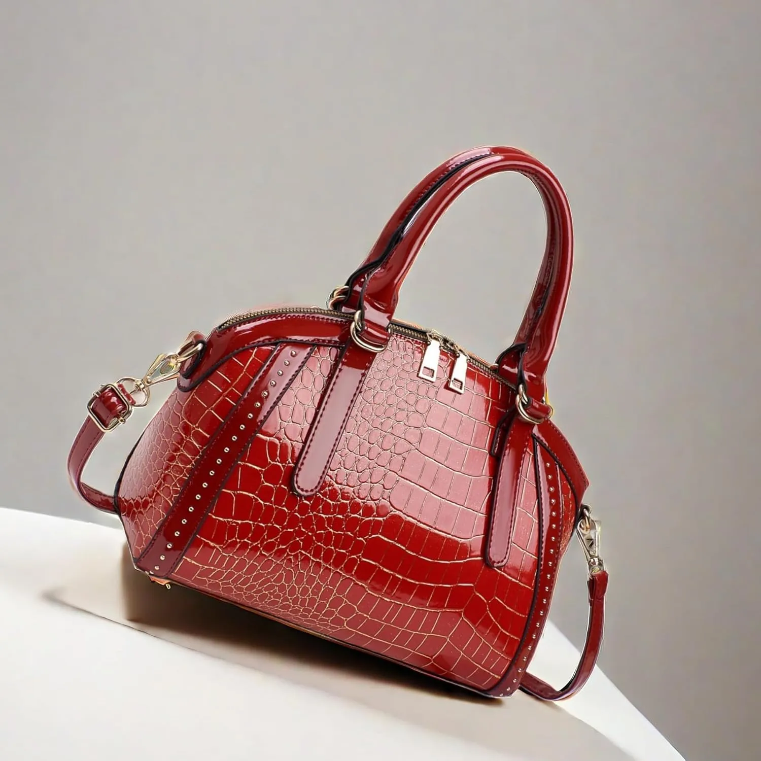 Women Patent Faux Leather Handbag Crossbody Purse Dome Satchel Purses Glossy Shell Shoulder Bag Top Handle Totes