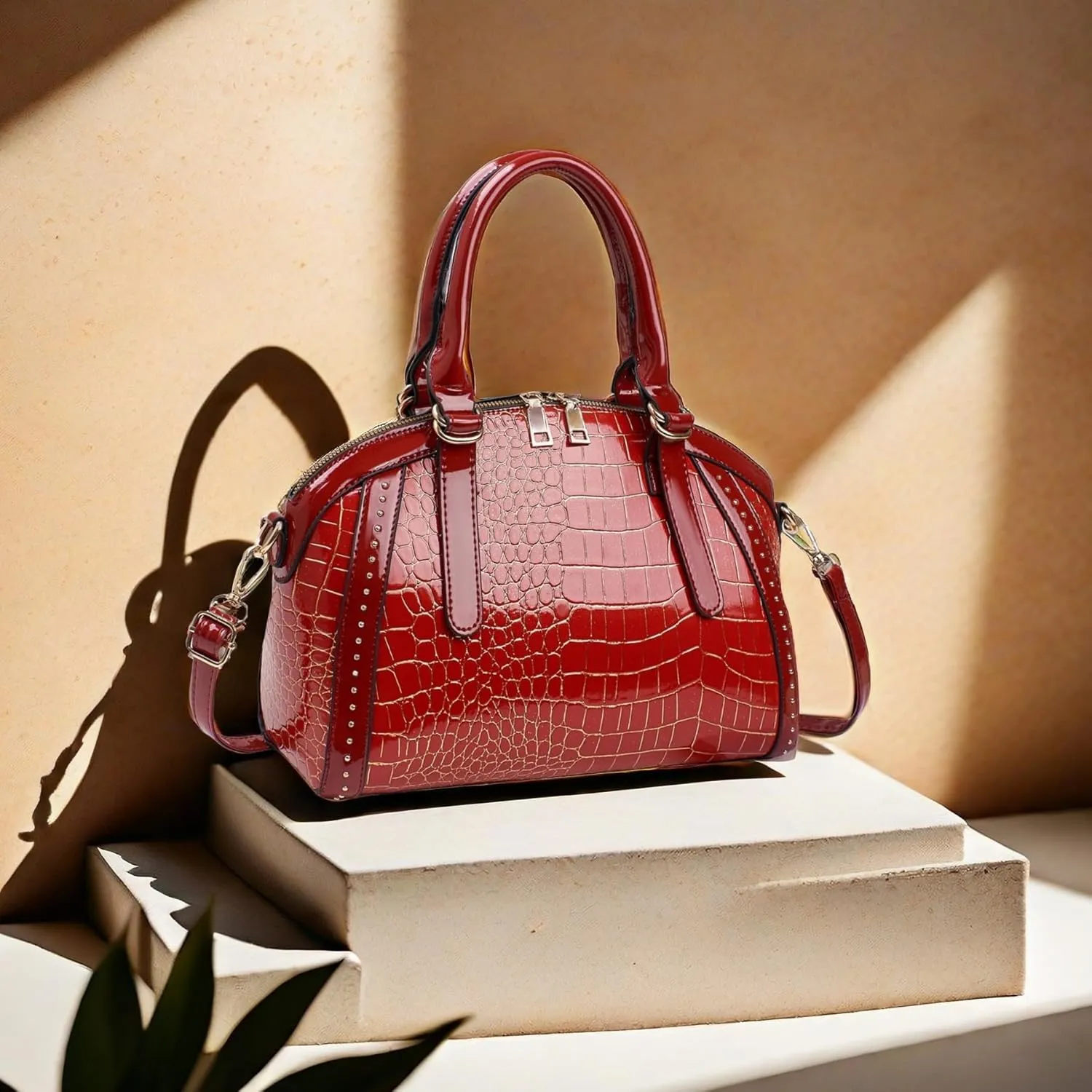 Women Patent Faux Leather Handbag Crossbody Purse Dome Satchel Purses Glossy Shell Shoulder Bag Top Handle Totes