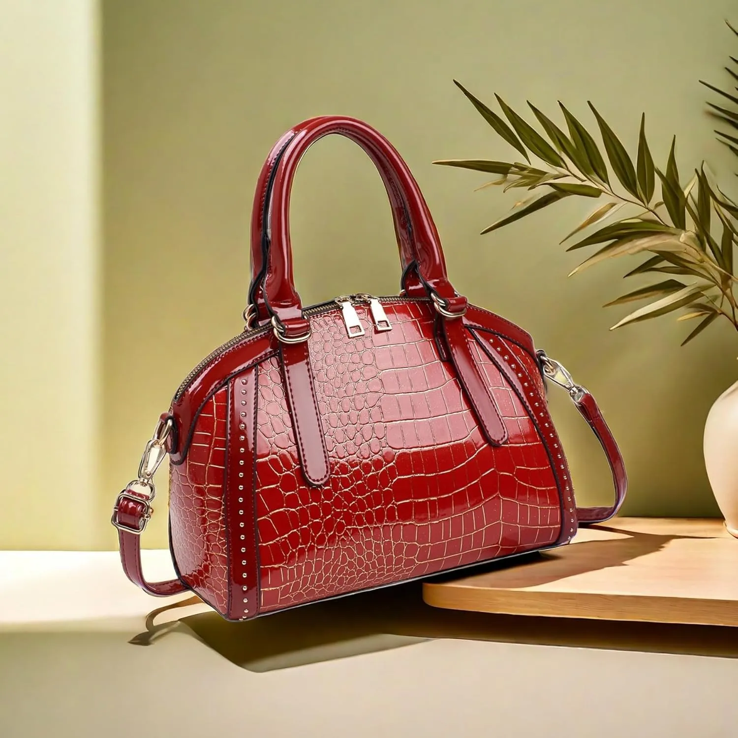 Women Patent Faux Leather Handbag Crossbody Purse Dome Satchel Purses Glossy Shell Shoulder Bag Top Handle Totes