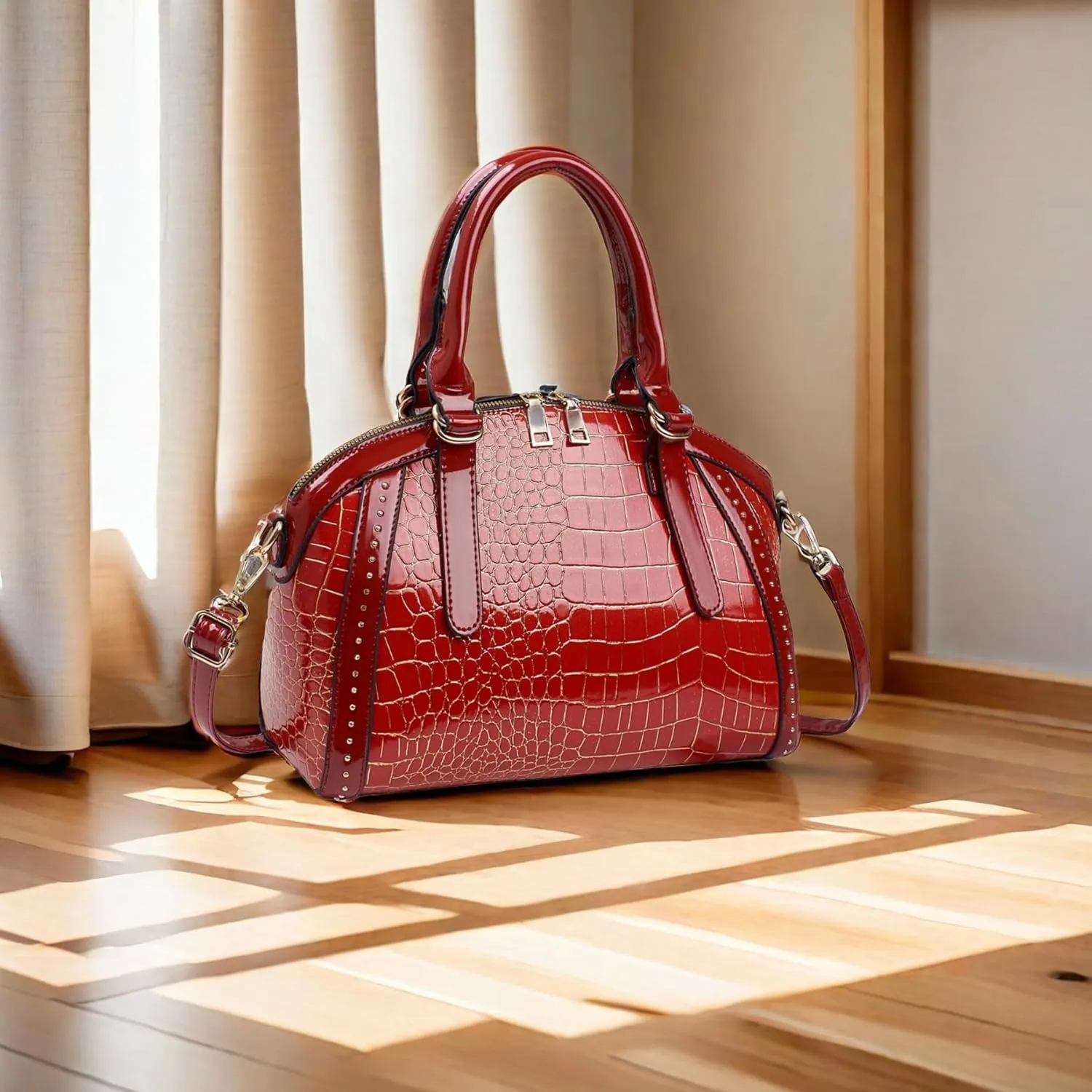 Women Patent Faux Leather Handbag Crossbody Purse Dome Satchel Purses Glossy Shell Shoulder Bag Top Handle Totes