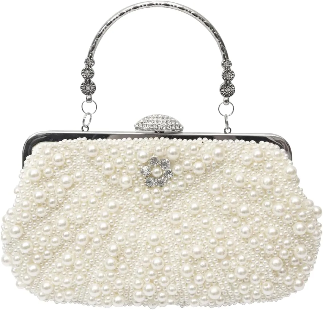 Women Pearl Evening Bag Beaded Clutch Bag Bridal Wedding Purse Elegant Crossbody Bag Shoulder Bag with Chain