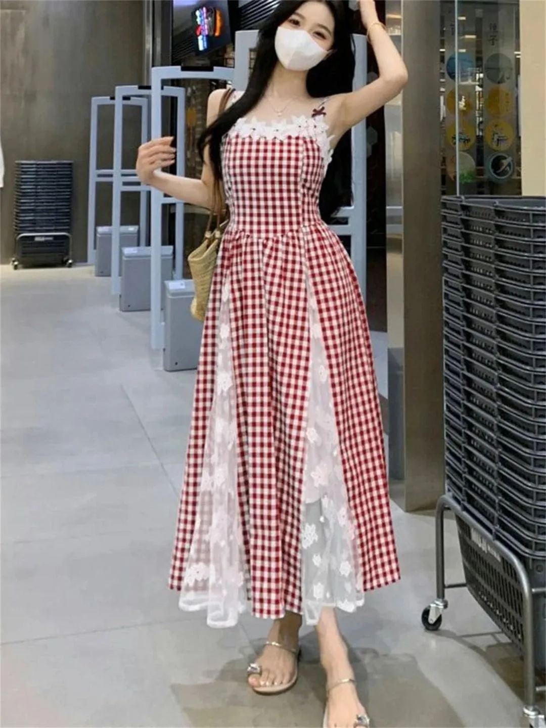 Women Plaid Long Beach Style Lace Patchwork Korean Slim Design Female Camis Vestidos Dress