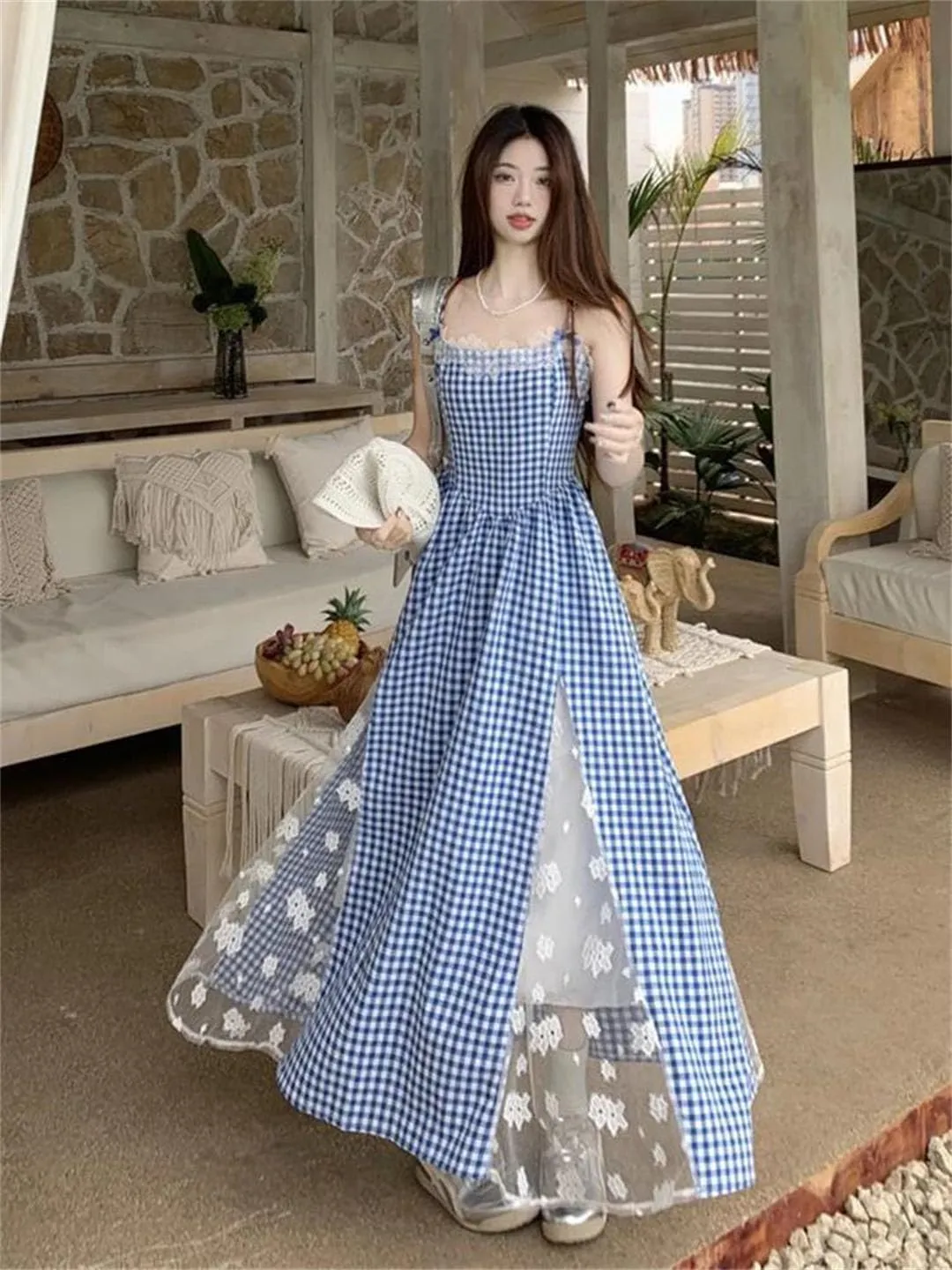 Women Plaid Long Beach Style Lace Patchwork Korean Slim Design Female Camis Vestidos Dress