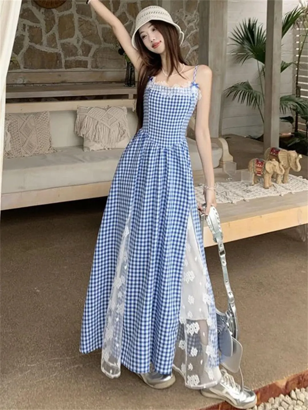 Women Plaid Long Beach Style Lace Patchwork Korean Slim Design Female Camis Vestidos Dress