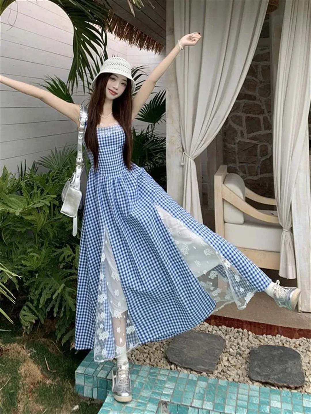 Women Plaid Long Beach Style Lace Patchwork Korean Slim Design Female Camis Vestidos Dress