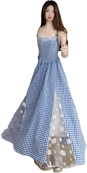 Women Plaid Long Beach Style Lace Patchwork Korean Slim Design Female Camis Vestidos Dress