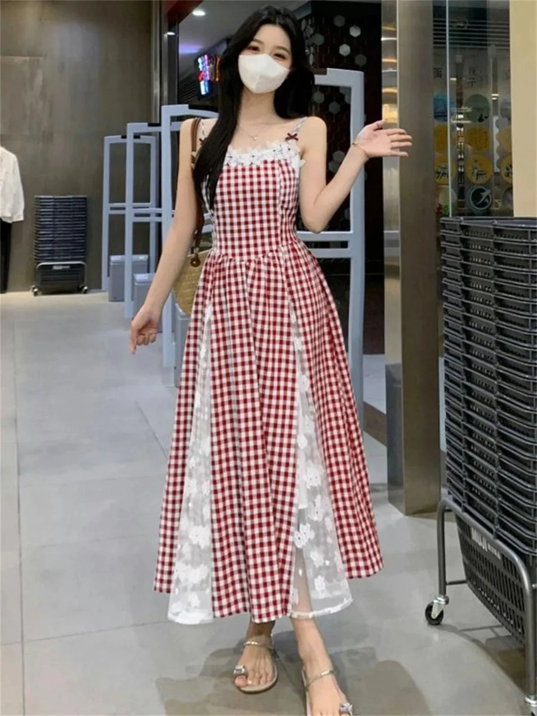 Women Plaid Long Beach Style Lace Patchwork Korean Slim Design Female Camis Vestidos Dress