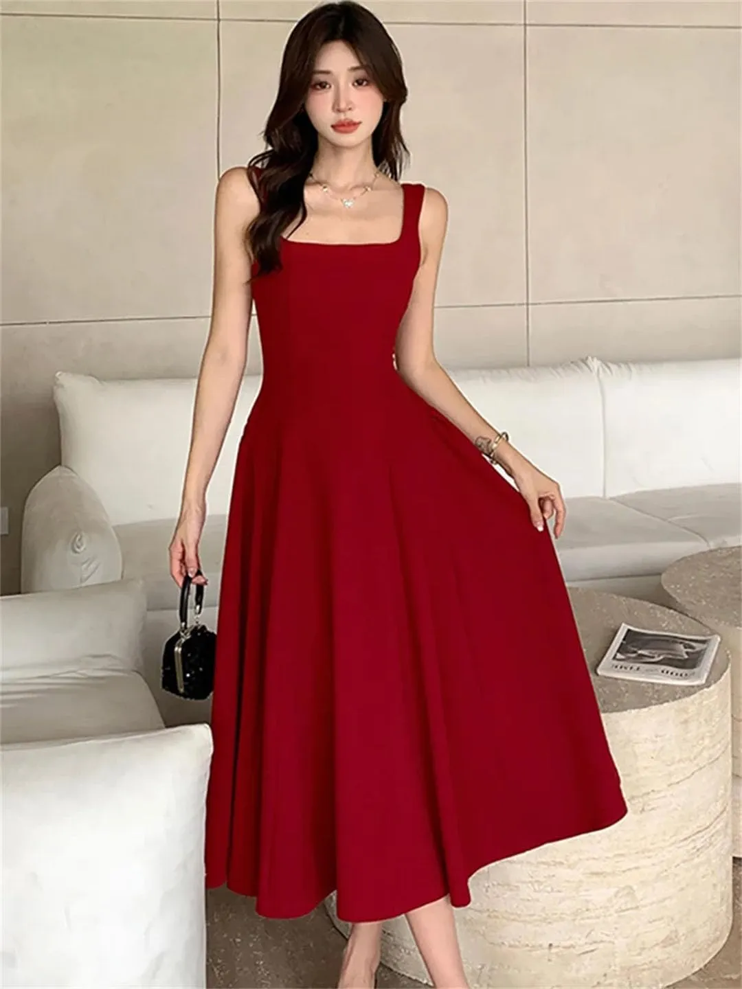 Women Square Collar Sling Long Dance Party Korean Vintage Bodycon Vestidos Dress
