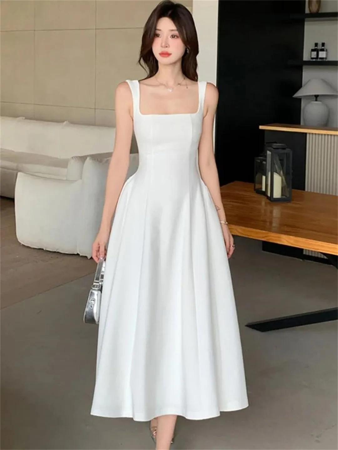 Women Square Collar Sling Long Dance Party Korean Vintage Bodycon Vestidos Dress
