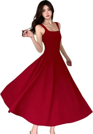 Women Square Collar Sling Long Dance Party Korean Vintage Bodycon Vestidos Dress