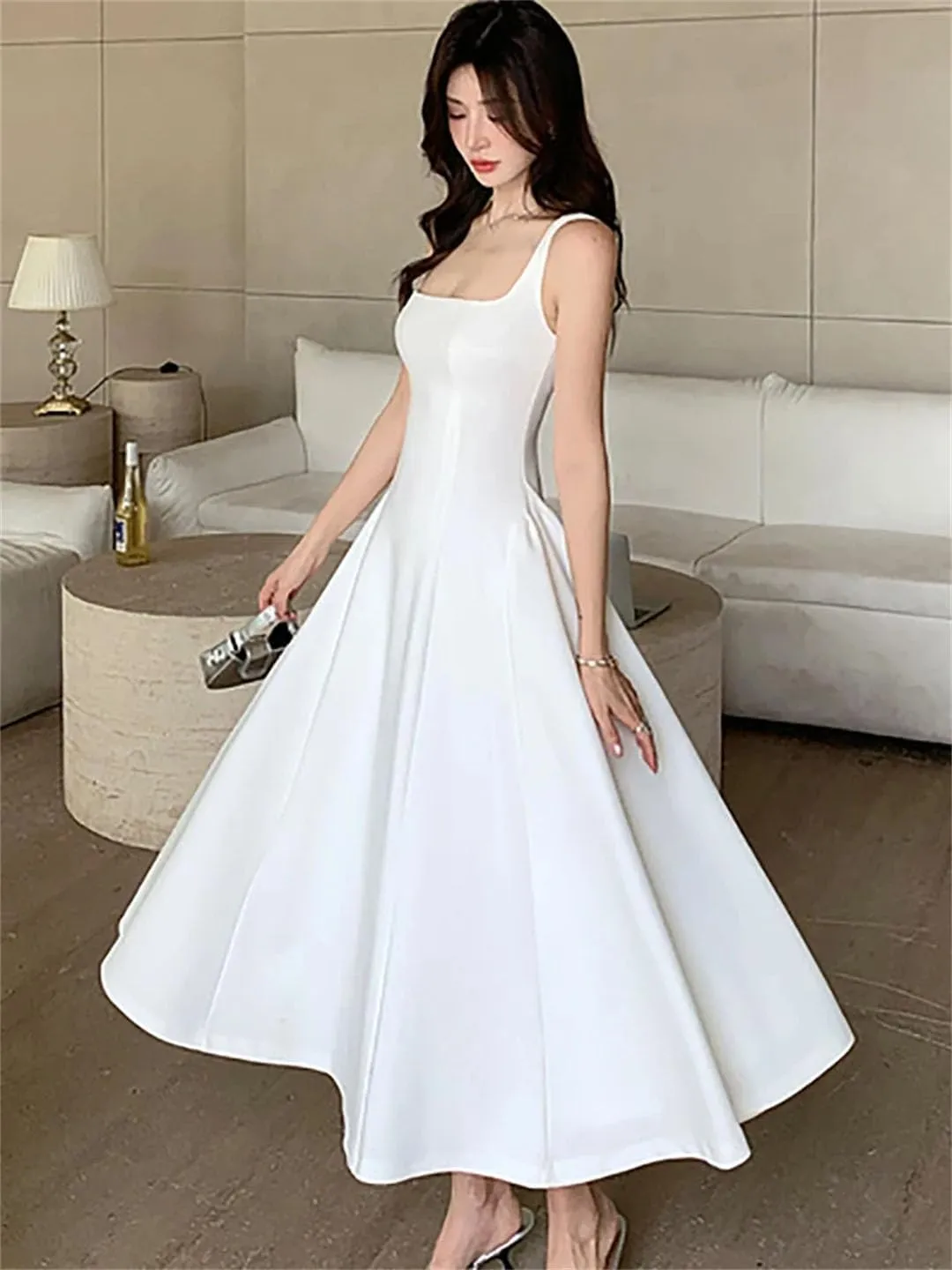Women Square Collar Sling Long Dance Party Korean Vintage Bodycon Vestidos Dress