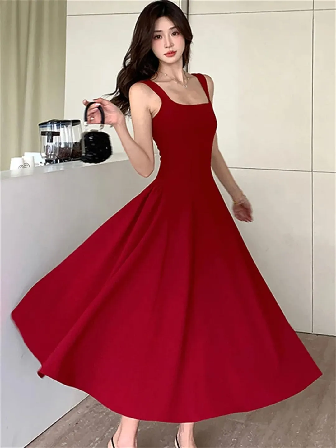 Women Square Collar Sling Long Dance Party Korean Vintage Bodycon Vestidos Dress