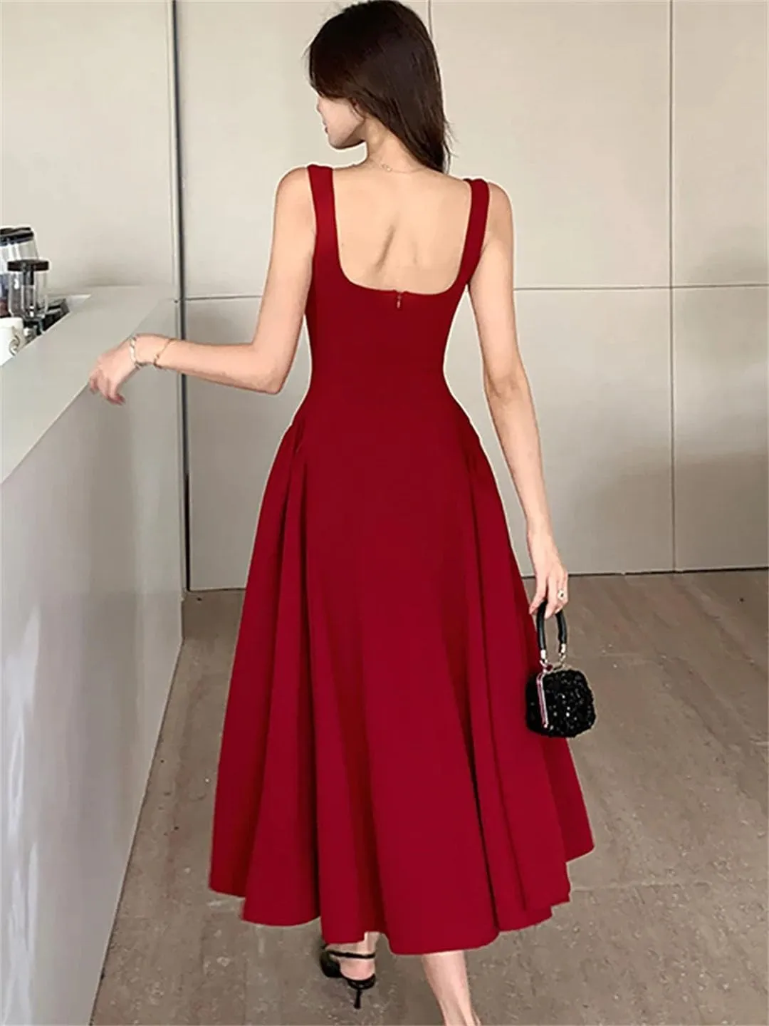 Women Square Collar Sling Long Dance Party Korean Vintage Bodycon Vestidos Dress