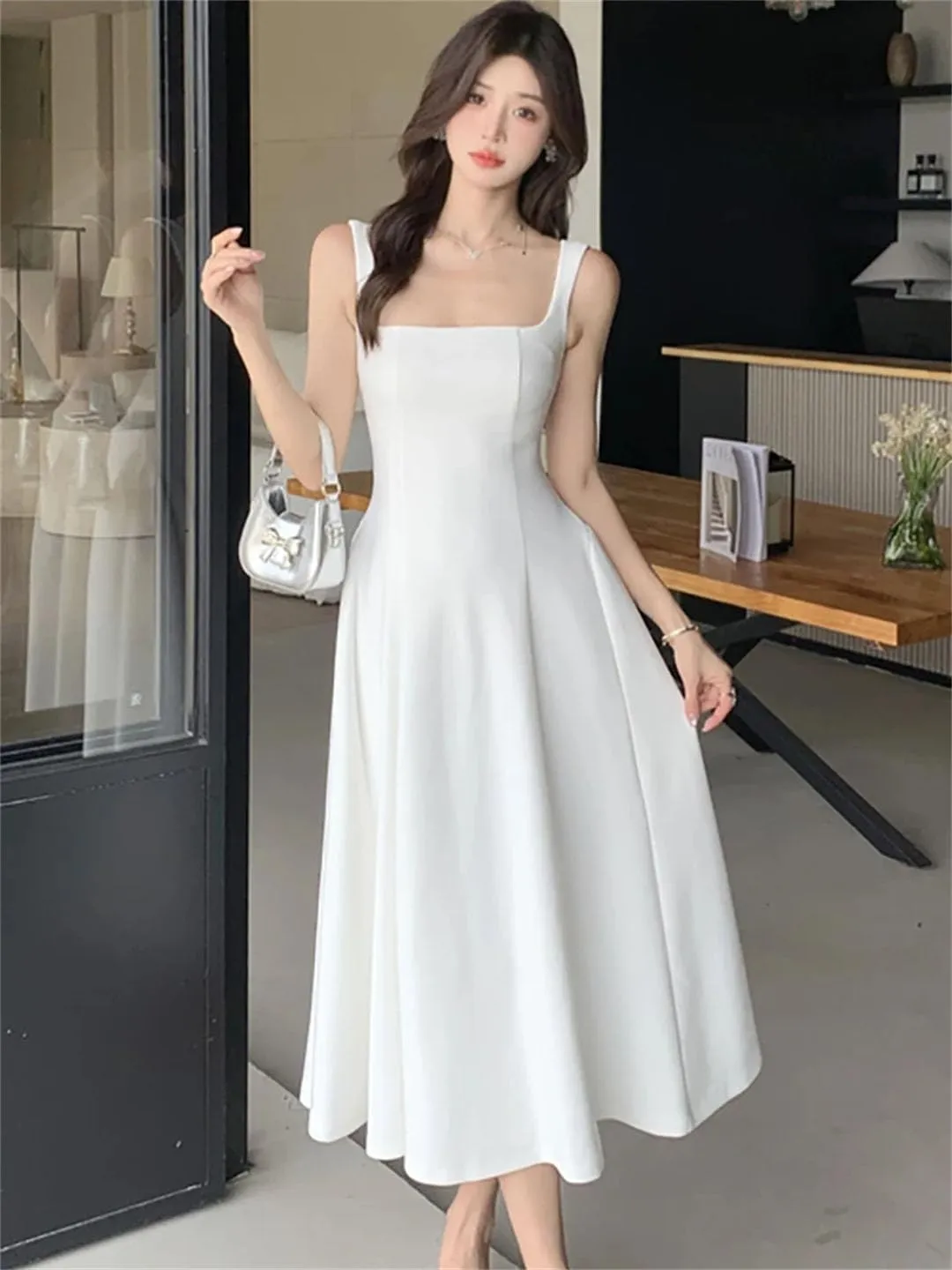 Women Square Collar Sling Long Dance Party Korean Vintage Bodycon Vestidos Dress