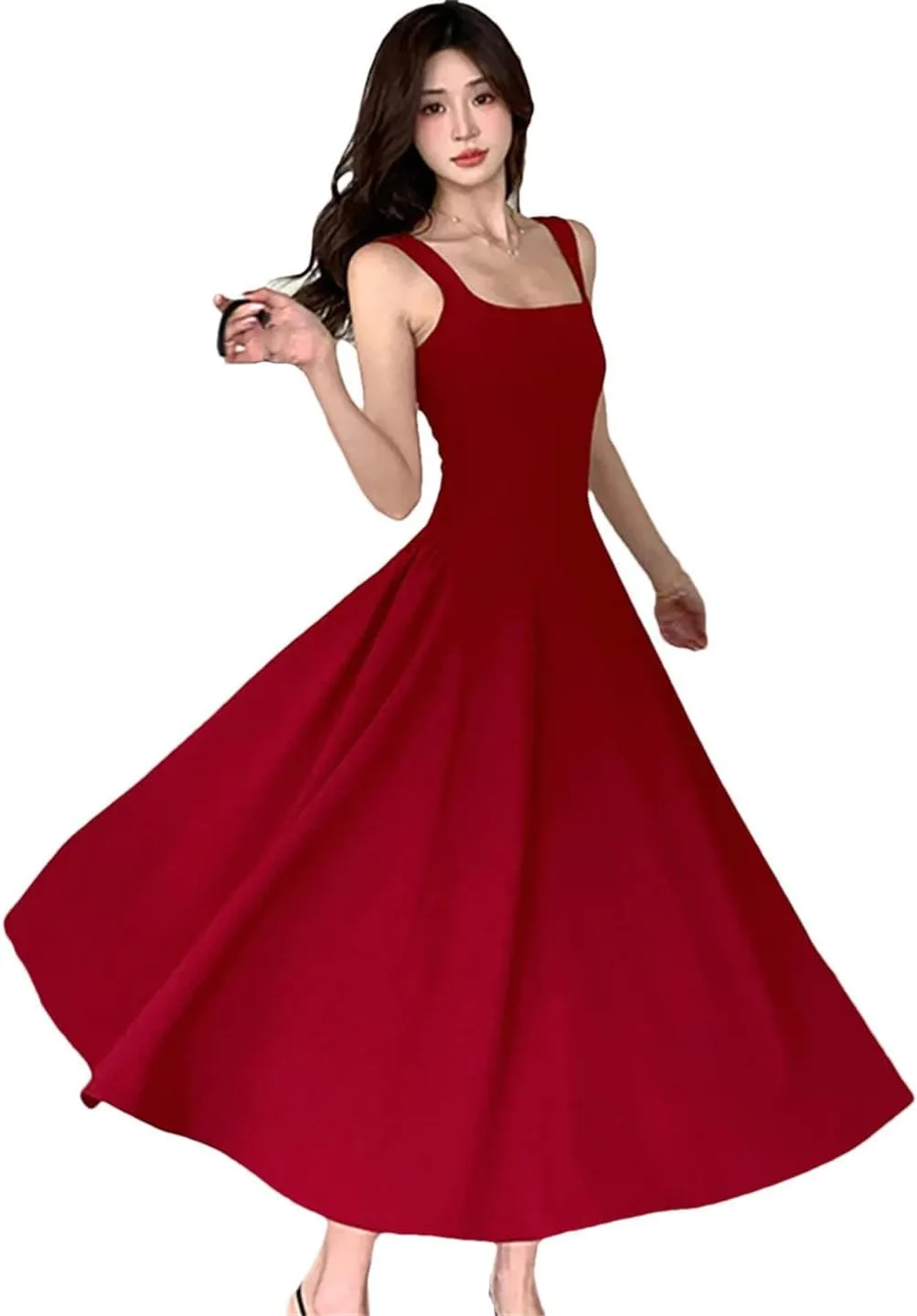 Women Square Collar Sling Long Dance Party Korean Vintage Bodycon Vestidos Dress