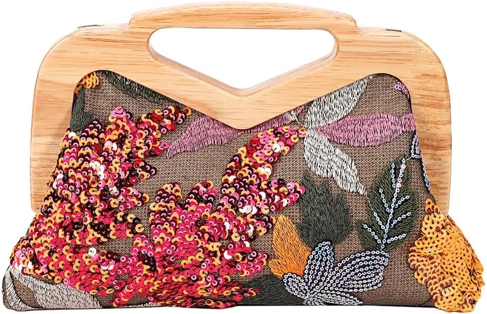 Women Straw Clutch Purse Ladies Sequin Flower Evening Bag Summer Beach Handbag Casual Woven Rattan Tote Bag