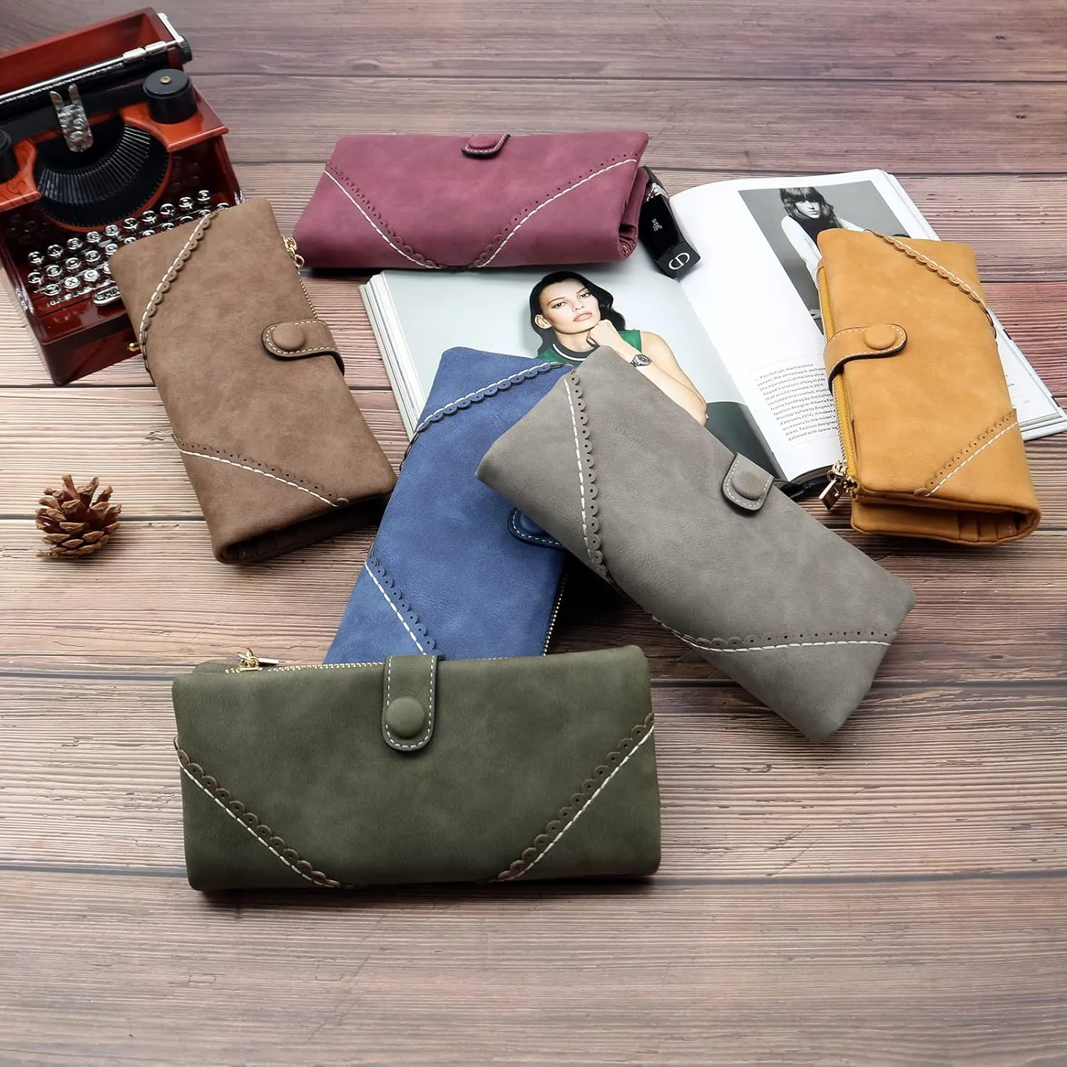 Women Vegan Leather Wallet Bifold Clutch Large Capacity Card Organizer Buckle Long Purse for Girls Candy Color