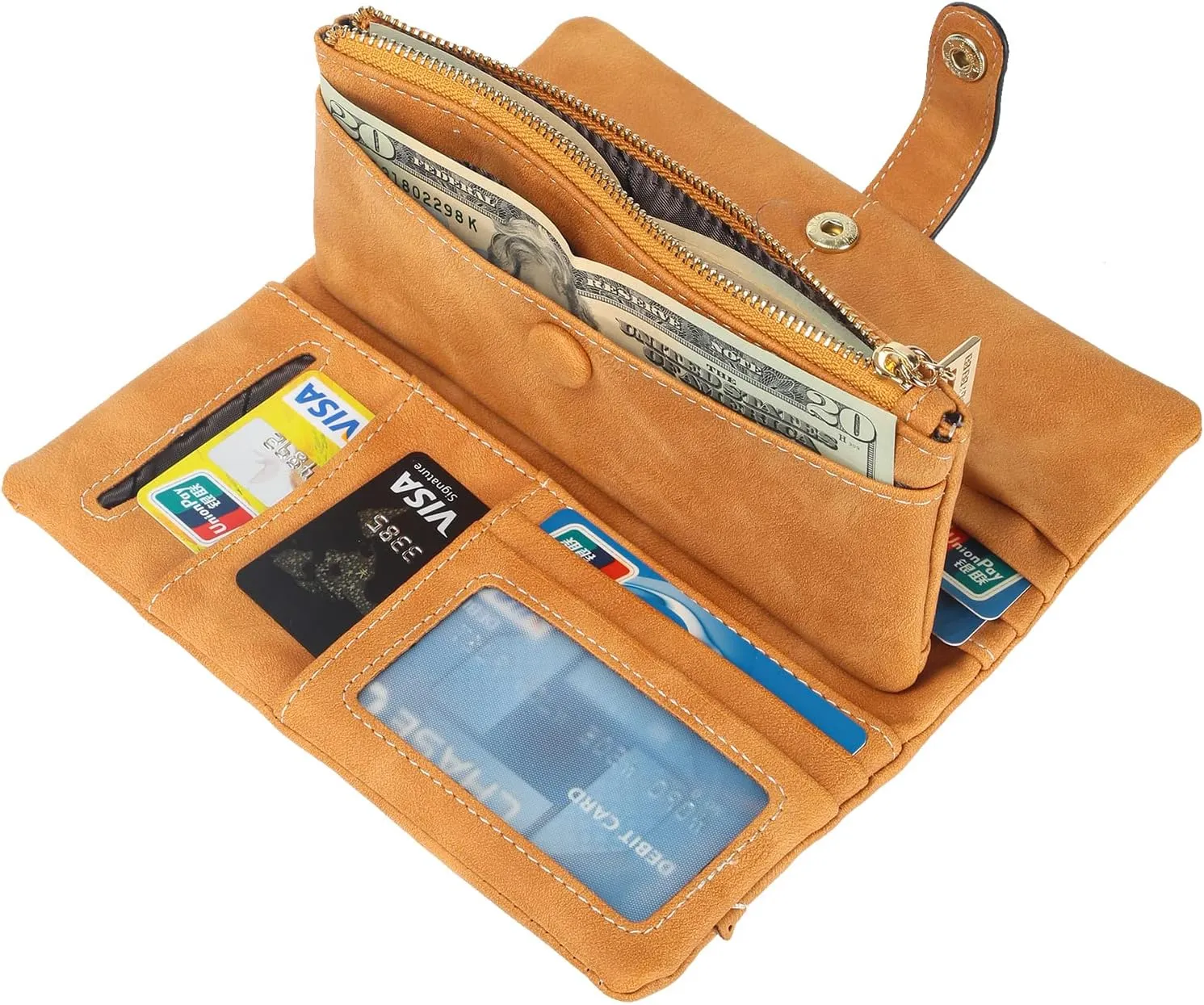Women Vegan Leather Wallet Bifold Clutch Large Capacity Card Organizer Buckle Long Purse for Girls Candy Color