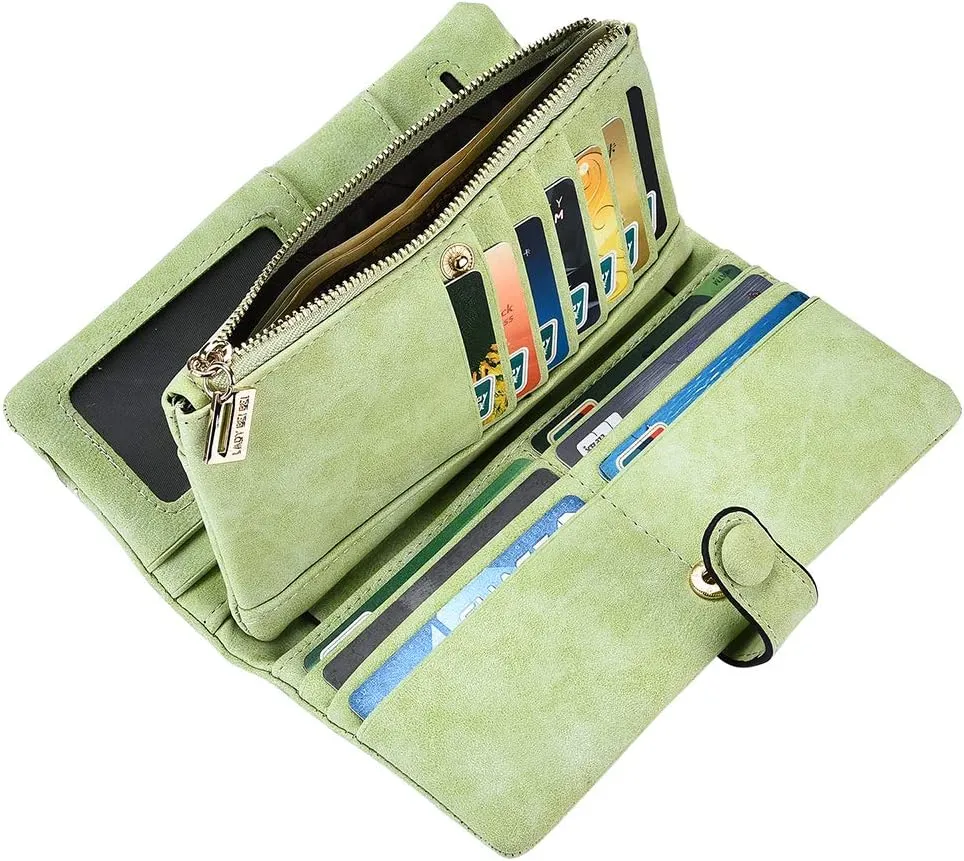 Women Vegan Leather Wallet Bifold Clutch Large Capacity Card Organizer Buckle Long Purse for Girls Candy Color
