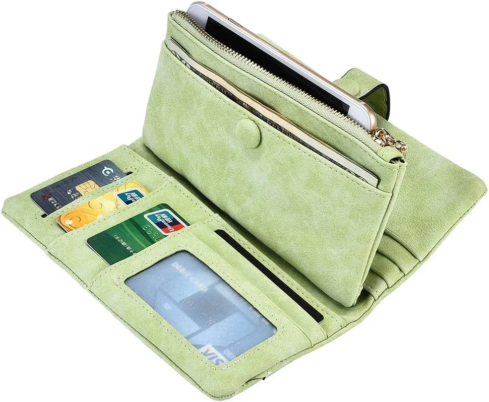 Women Vegan Leather Wallet Bifold Clutch Large Capacity Card Organizer Buckle Long Purse for Girls Candy Color