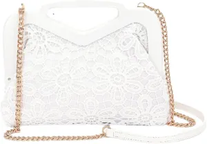Women Wooden Frame Crochet Flower Clutch Bag with Top Handle and Chain Strap Elegant Vintage Lace Evening Purse