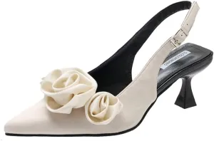 Women's Black Slingback Heels with Floral Applique – Pointed Toe Satin Dress Shoes with Sculpted Kitten Heels – Elegant Evening Pumps for Wedding, Formal Events