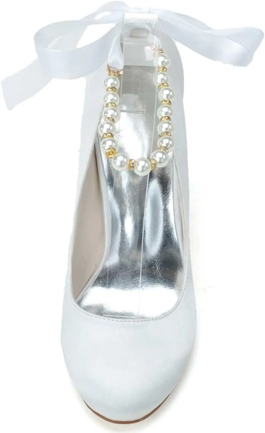 Women's Closed Toe Satin Wedding Heels for Women High Heels Kitten Heels,Round Head Pumps Pearl Prom Dress Shoes Ivory(Red,4.5 UK)