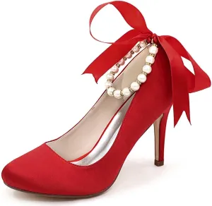 Women's Closed Toe Satin Wedding Heels for Women High Heels Kitten Heels,Round Head Pumps Pearl Prom Dress Shoes Ivory(Red,4.5 UK)