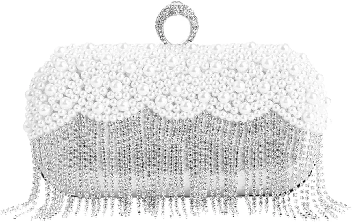 Women's Evening Bag Pearl Handbag Crystal Tassel Clutch Purses Rhinestones Shoulder Bag