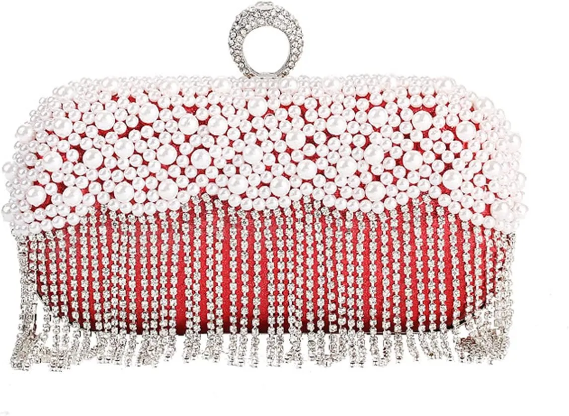 Women's Evening Bag Pearl Handbag Crystal Tassel Clutch Purses Rhinestones Shoulder Bag