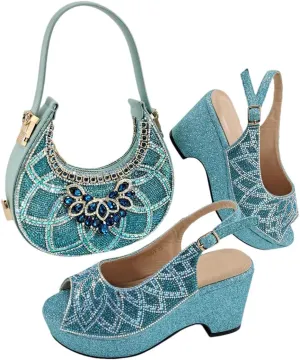 Women’S Fashion Italian Rhinestone Pumps and Matching Bag Set with Charm Decorations for Party Wedding