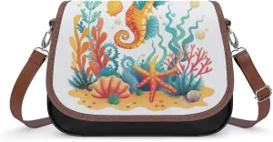 Women's Handbag Seahorse Coral Reef With Seashells Starfish Satchel Bag Leather Crossbody Bag Waterproof Messenger Bag