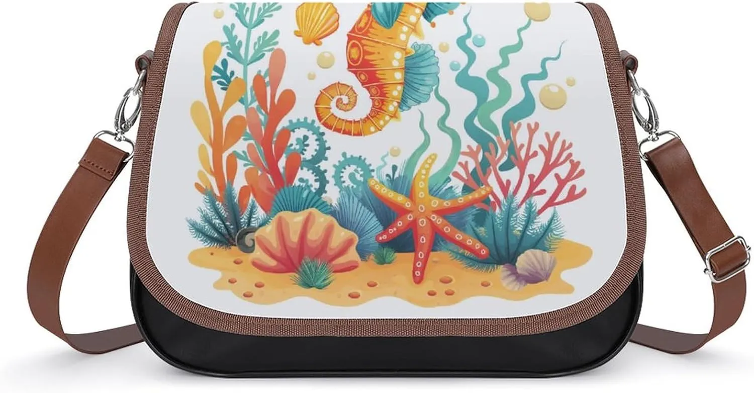 Women's Handbag Seahorse Coral Reef With Seashells Starfish Satchel Bag Leather Crossbody Bag Waterproof Messenger Bag