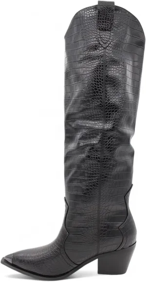 Womens Knee High Western Cowboy Boots with Croc Embossed Pattern Pointed Toe and Block Heel, Fashionable Faux Leather Boots for Casual or Dressy Occasions, Winter Boots for Women, Cowboy Boots for Women, Snow Boots for Women