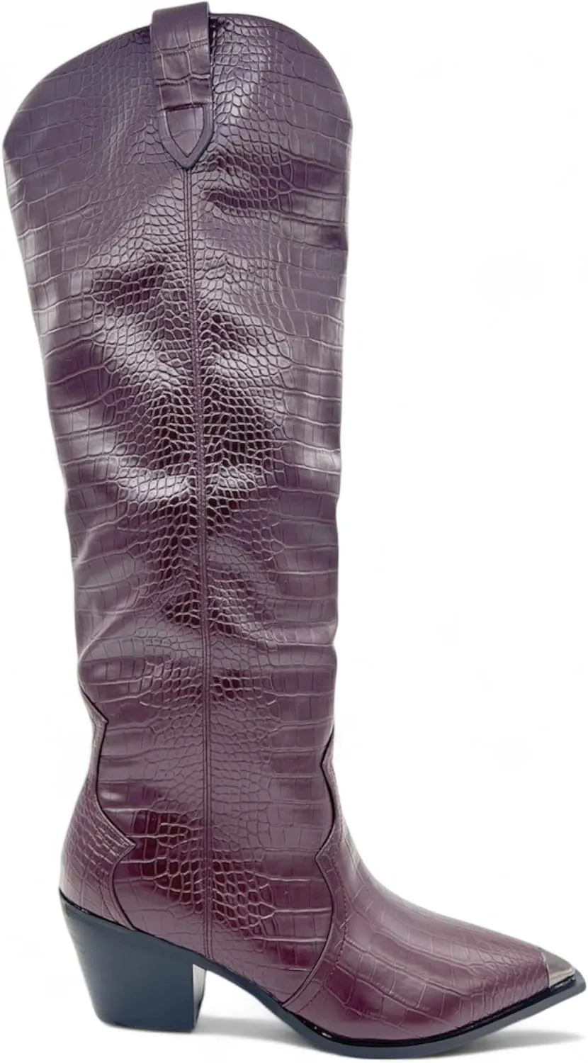 Womens Knee High Western Cowboy Boots with Croc Embossed Pattern Pointed Toe and Block Heel, Fashionable Faux Leather Boots for Casual or Dressy Occasions, Winter Boots for Women, Cowboy Boots for Women, Snow Boots for Women