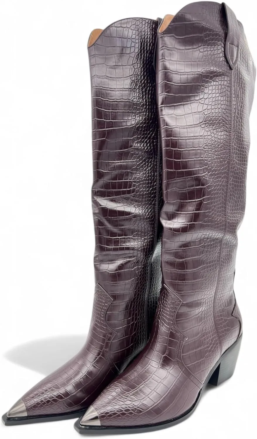 Womens Knee High Western Cowboy Boots with Croc Embossed Pattern Pointed Toe and Block Heel, Fashionable Faux Leather Boots for Casual or Dressy Occasions, Winter Boots for Women, Cowboy Boots for Women, Snow Boots for Women