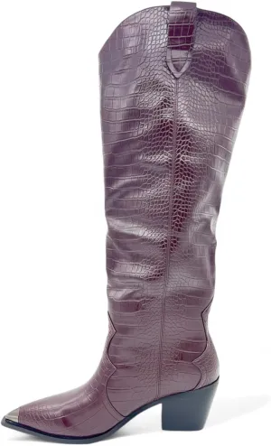 Womens Knee High Western Cowboy Boots with Croc Embossed Pattern Pointed Toe and Block Heel, Fashionable Faux Leather Boots for Casual or Dressy Occasions, Winter Boots for Women, Cowboy Boots for Women, Snow Boots for Women