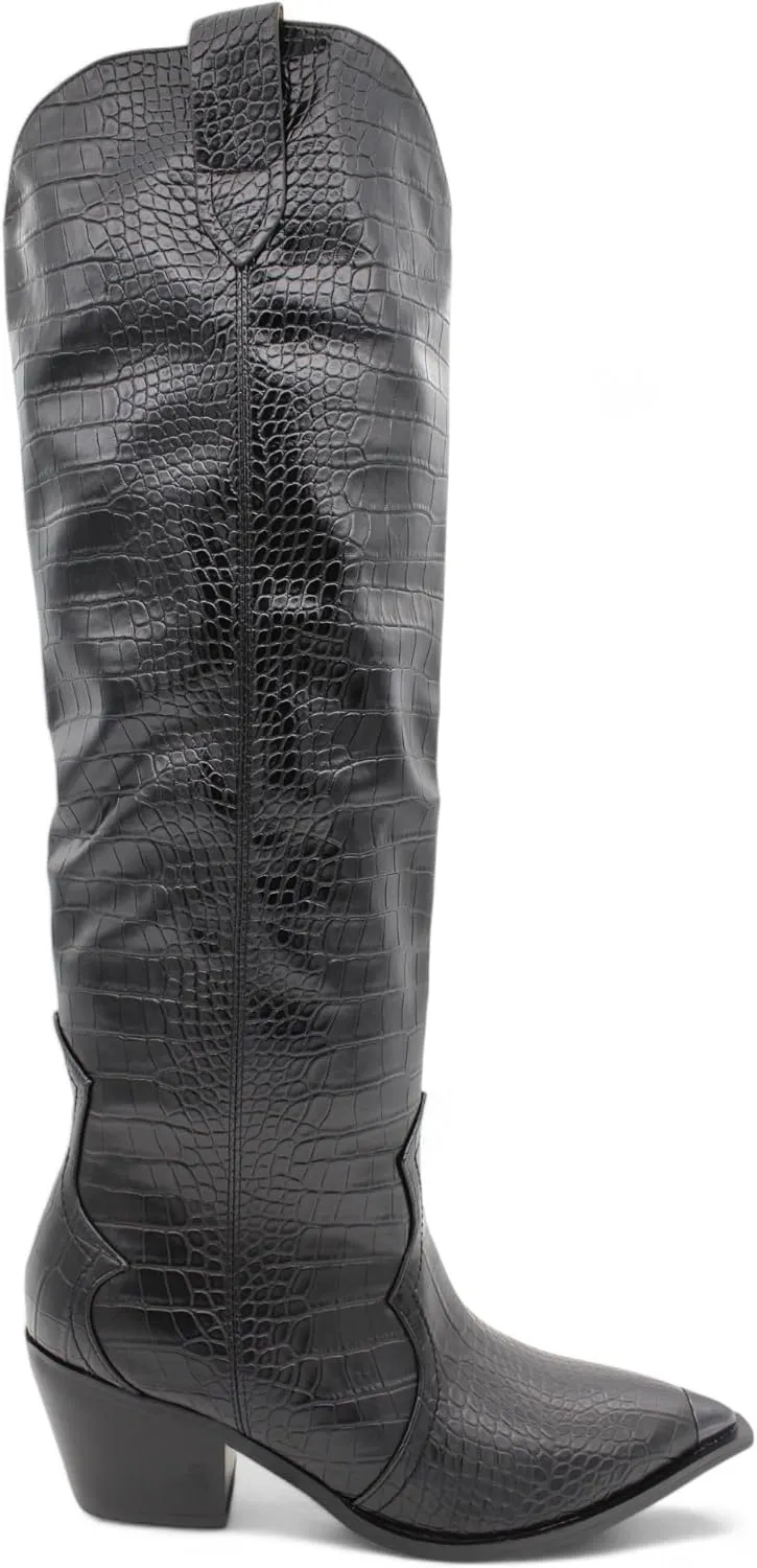 Womens Knee High Western Cowboy Boots with Croc Embossed Pattern Pointed Toe and Block Heel, Fashionable Faux Leather Boots for Casual or Dressy Occasions, Winter Boots for Women, Cowboy Boots for Women, Snow Boots for Women