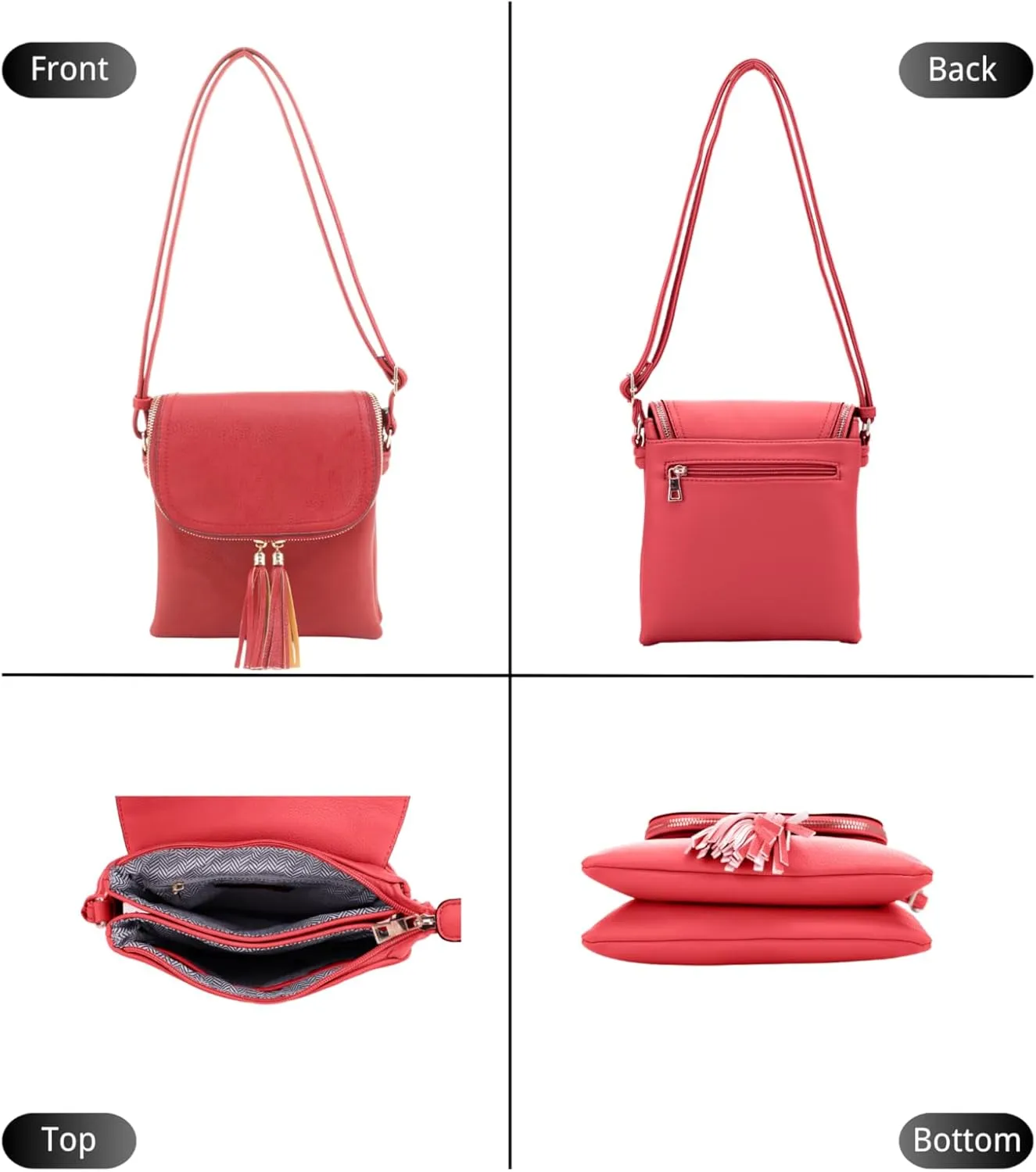 Women's Multi Compartment Magnetic Closure Flap Crossbody with Tassel Zipper