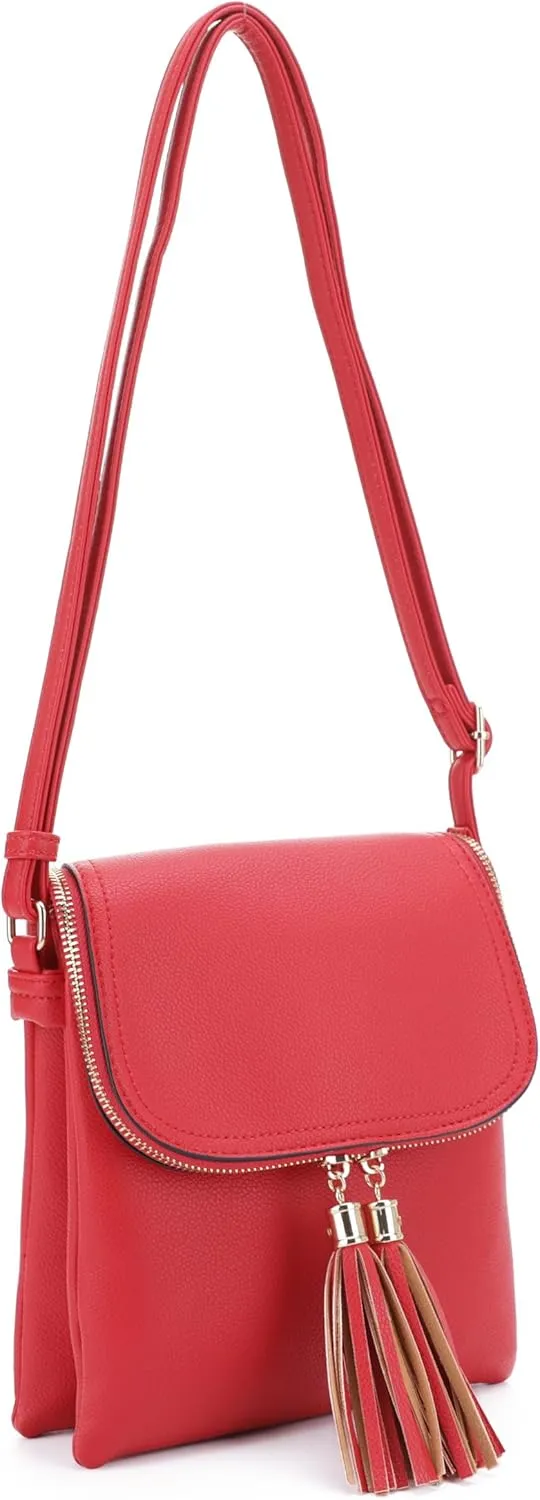 Women's Multi Compartment Magnetic Closure Flap Crossbody with Tassel Zipper