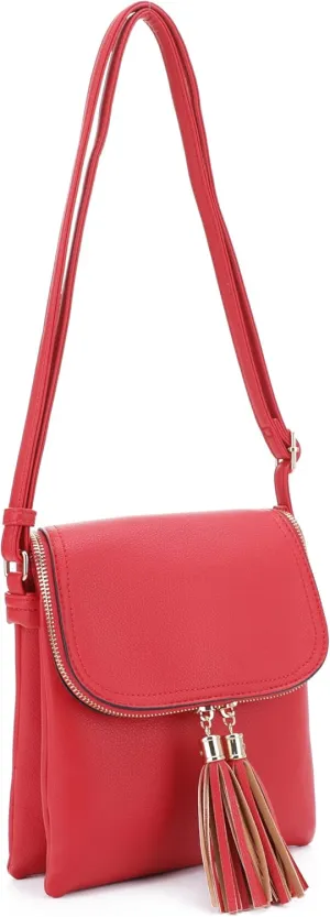 Women's Multi Compartment Magnetic Closure Flap Crossbody with Tassel Zipper