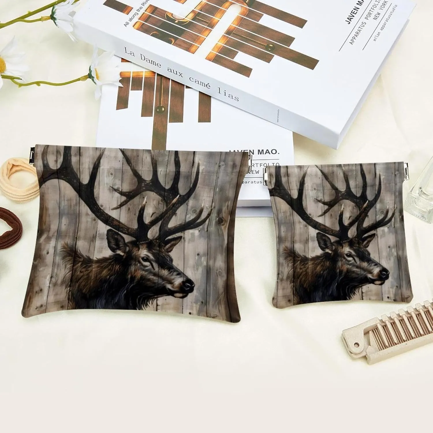 Women’s Pocket Cosmetic Bags, Waterproof Leather Makeup Bag No Zipper Self-Closing Makeup Pouch for Girls, Mini Bag for Purse - Elk on Vintage Wooden Background